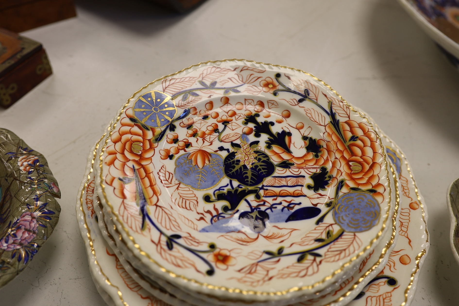 Two pairs of Spode floral and avian decorated dishes and six Derby dishes. Condition - poor